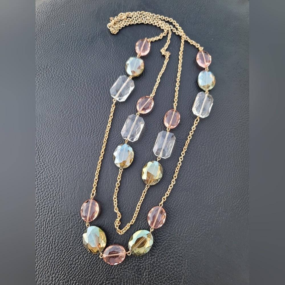 Large Faceted Glass, Double Strand, Goldtone Necklace - Vintage, Estate